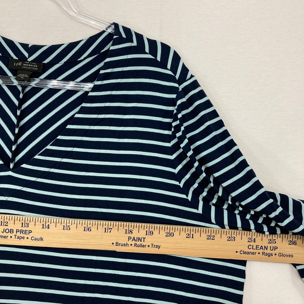 J.‎ Jill Wearever Top XL Blue Striped V-Neck 3/4 Sleeve Stretch Knit Preppy - Picture 5 of 9